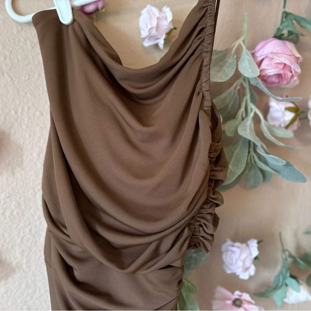 NWOT Zara Brown Asymmetric Draped Cut Out Ruched Mini Dress - Picture 3 of 7